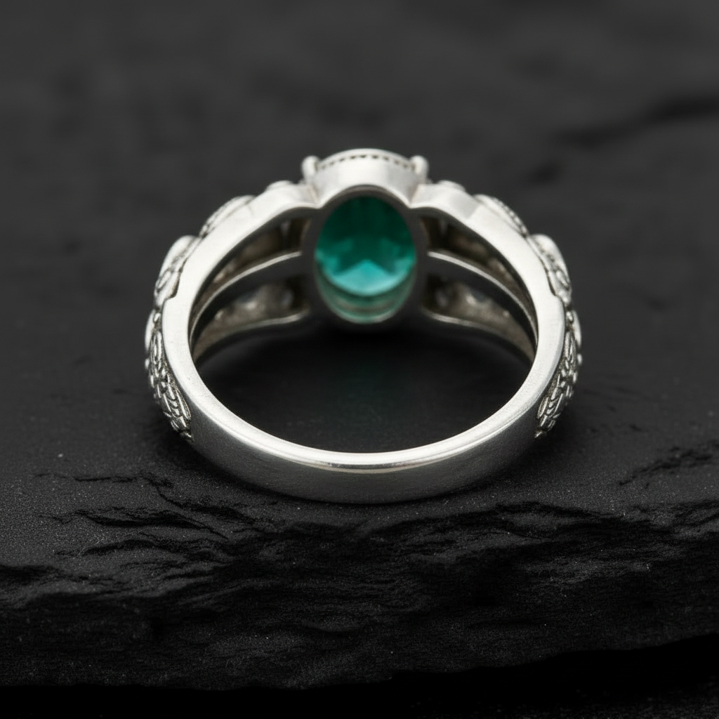 Antique Designed Elephant Band Ring studded with 5ct Natural Zambian Emerald Stone | 925 Sterling Silver Oxidized Ring