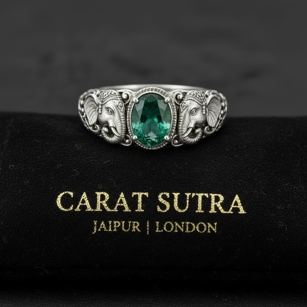Antique Designed Elephant Band Ring studded with 5ct Natural Zambian Emerald Stone | 925 Sterling Silver Oxidized Ring