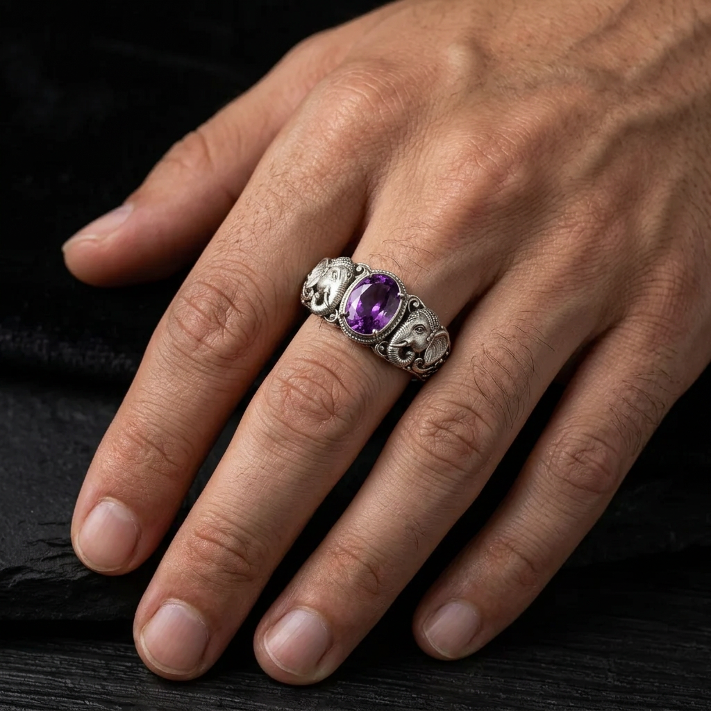 Antique Designed Elephant Band Ring studded with 6ct Natural Amethyst Stone | 925 Sterling Silver Oxidized Ring