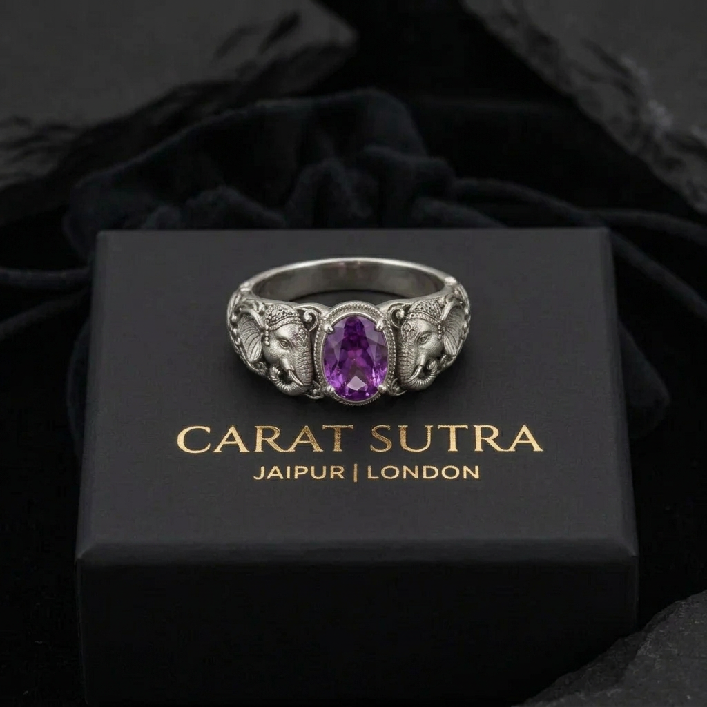 Antique Designed Elephant Band Ring studded with 6ct Natural Amethyst Stone | 925 Sterling Silver Oxidized Ring