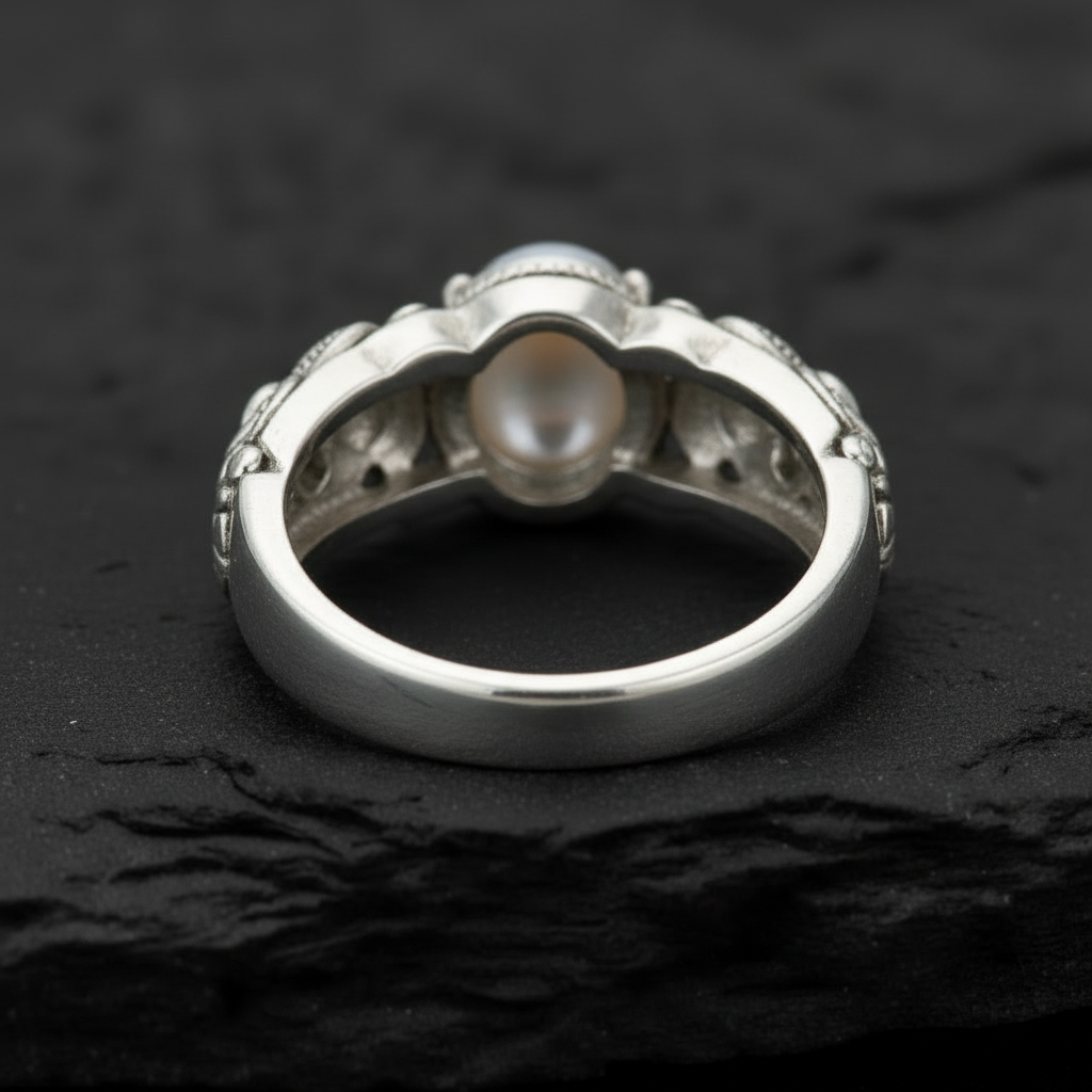Antique Designed Elephant Band Ring studded with 6ct Natural Pearl Stone | 925 Sterling Silver Oxidized Ring