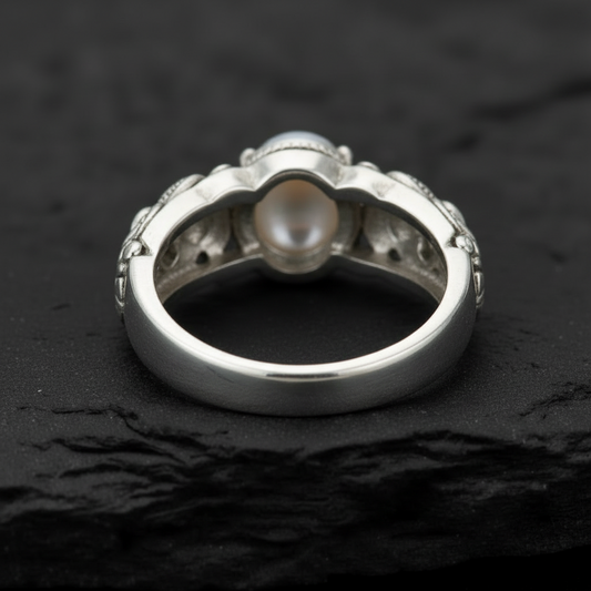 Antique Designed Elephant Band Ring studded with 6ct Natural Pearl Stone | 925 Sterling Silver Oxidized Ring