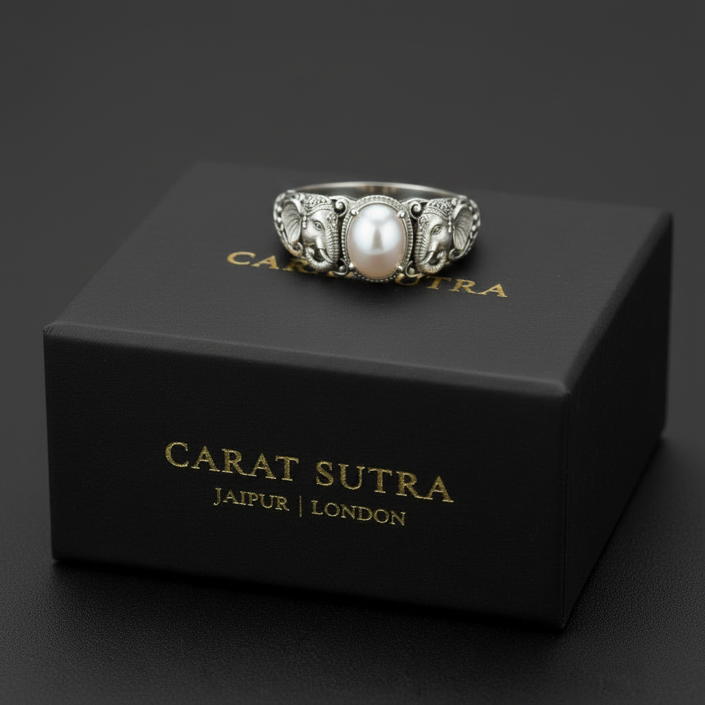 Antique Designed Elephant Band Ring studded with 6ct Natural Pearl Stone | 925 Sterling Silver Oxidized Ring