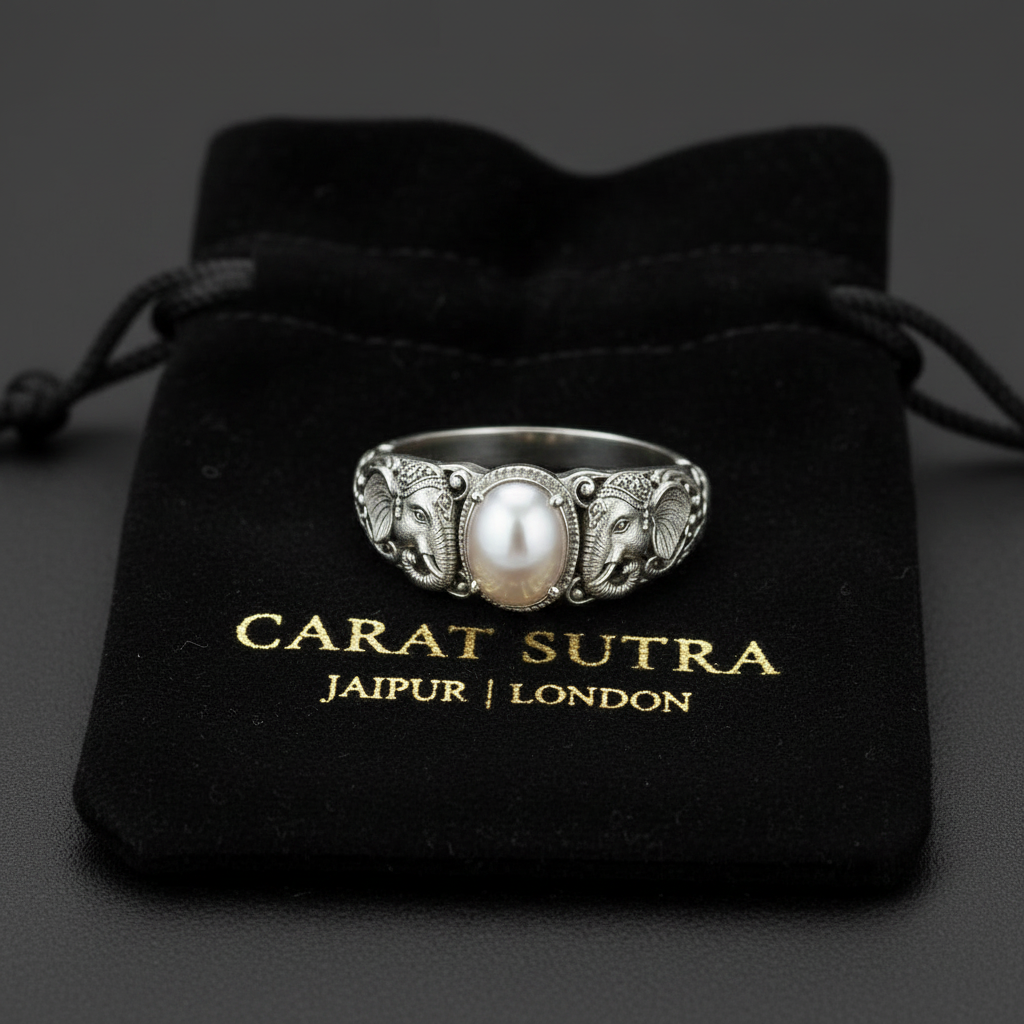 Antique Designed Elephant Band Ring studded with 6ct Natural Pearl Stone | 925 Sterling Silver Oxidized Ring
