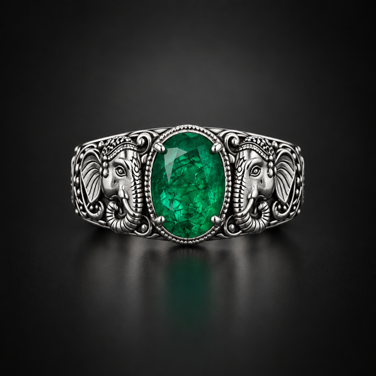 Antique Designed Elephant Band Ring studded with 5ct Natural Zambian Emerald Stone | 925 Sterling Silver Oxidized Ring - caratsutra