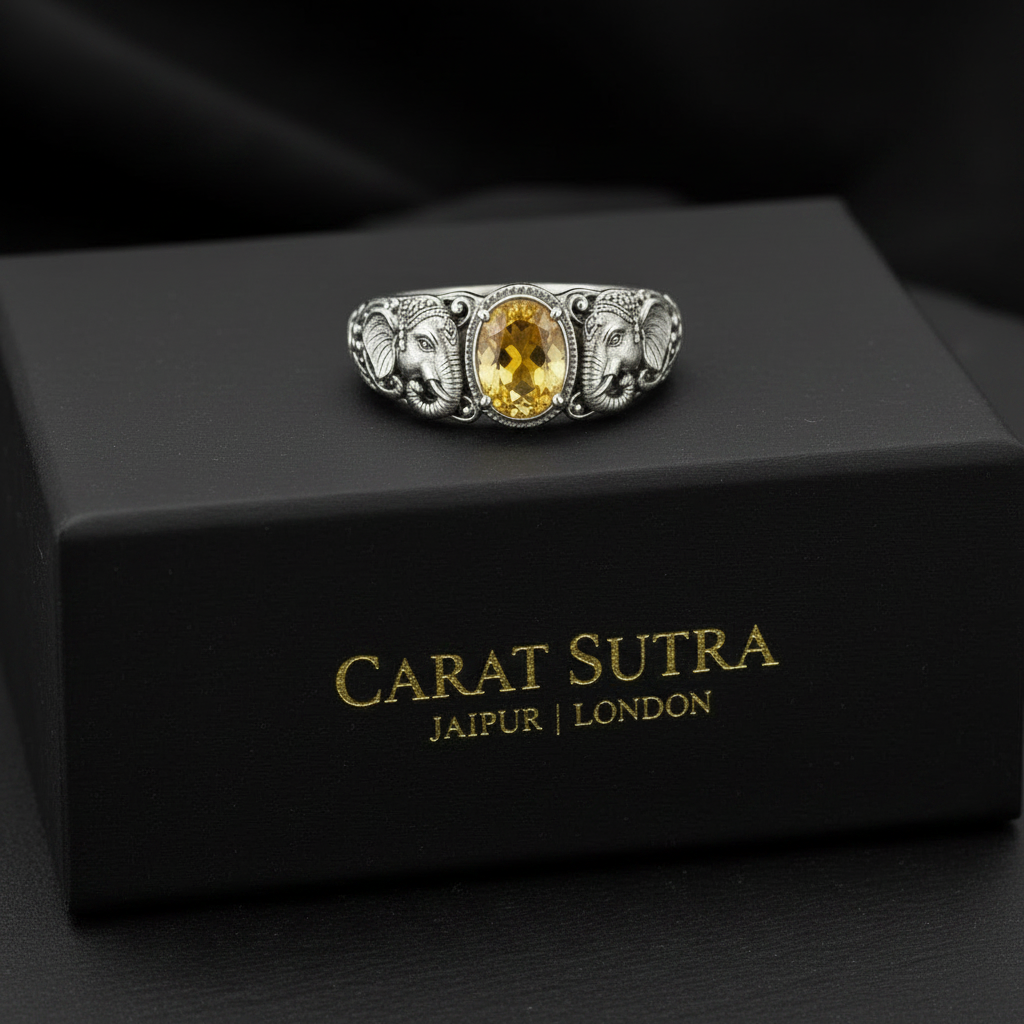 Antique Designed Elephant Band Ring studded with 6ct Natural Citrine Stone | 925 Sterling Silver Oxidized Ring | With Certificate of Authenticity and 925 Hallmark