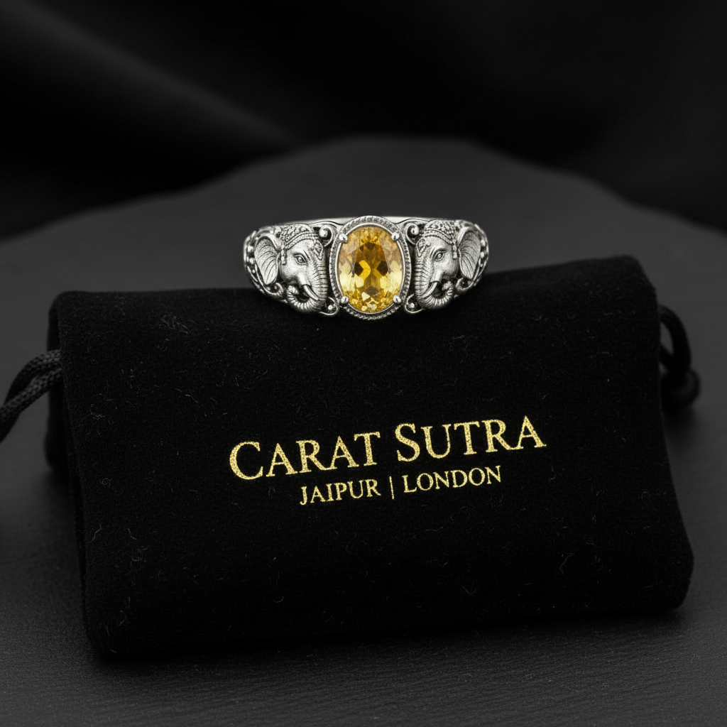 Antique Designed Elephant Band Ring studded with 6ct Natural Citrine Stone | 925 Sterling Silver Oxidized Ring | With Certificate of Authenticity and 925 Hallmark