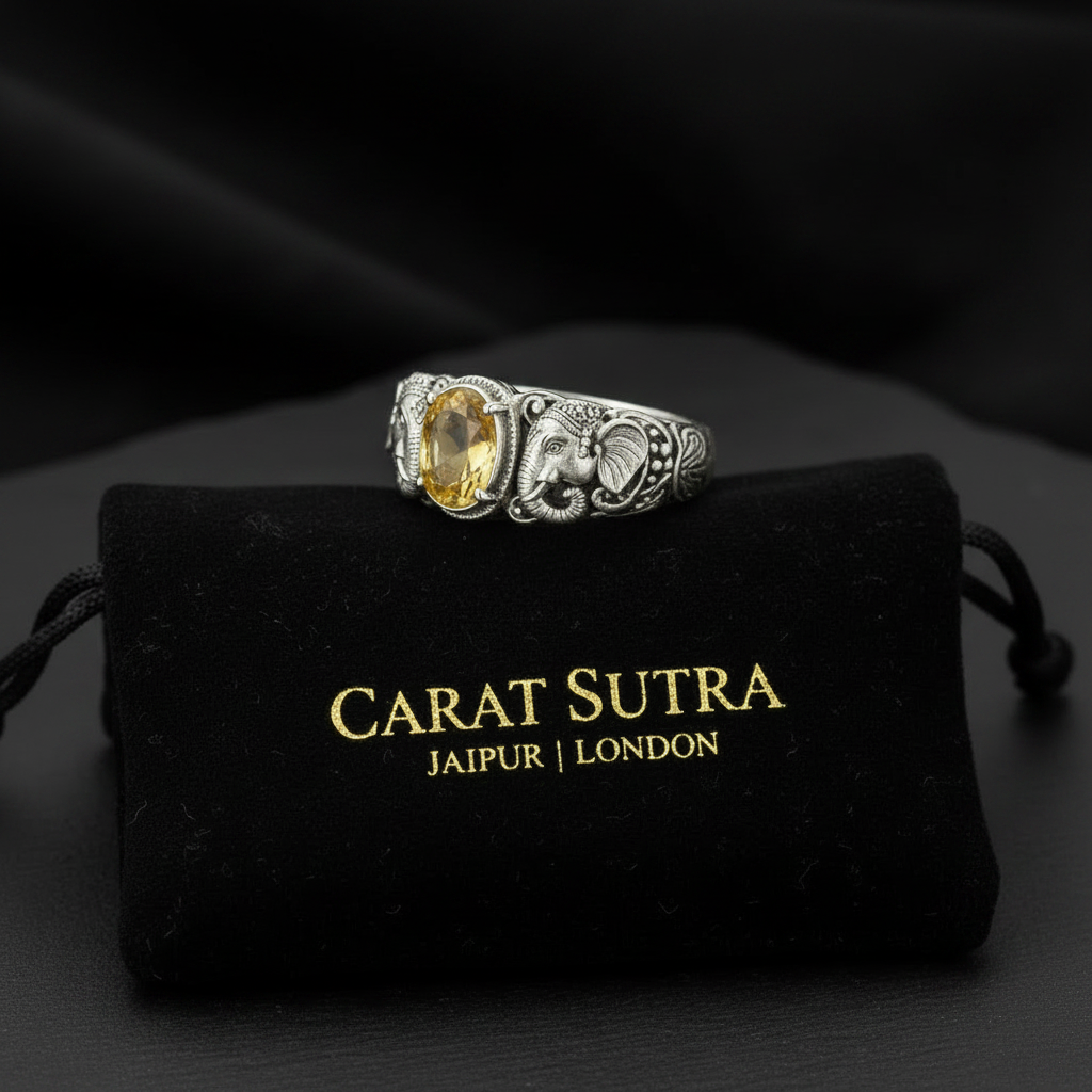 Antique Designed Elephant Band Ring studded with 6ct Natural Citrine Stone | 925 Sterling Silver Oxidized Ring | With Certificate of Authenticity and 925 Hallmark