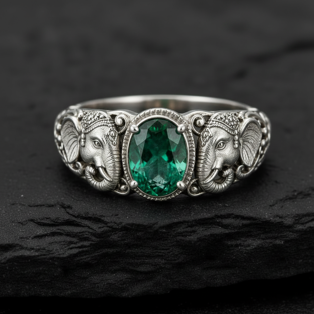 Antique Designed Elephant Band Ring studded with 5ct Natural Zambian Emerald Stone | 925 Sterling Silver Oxidized Ring