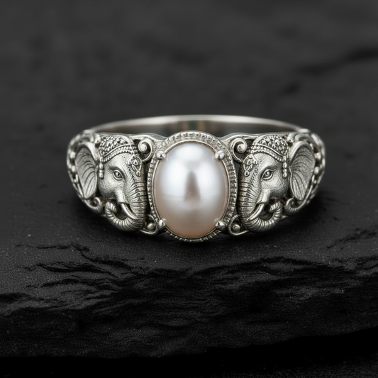 Antique Designed Elephant Band Ring studded with 5ct Natural Zambian Emerald Stone | 925 Sterling Silver Oxidized Ring
