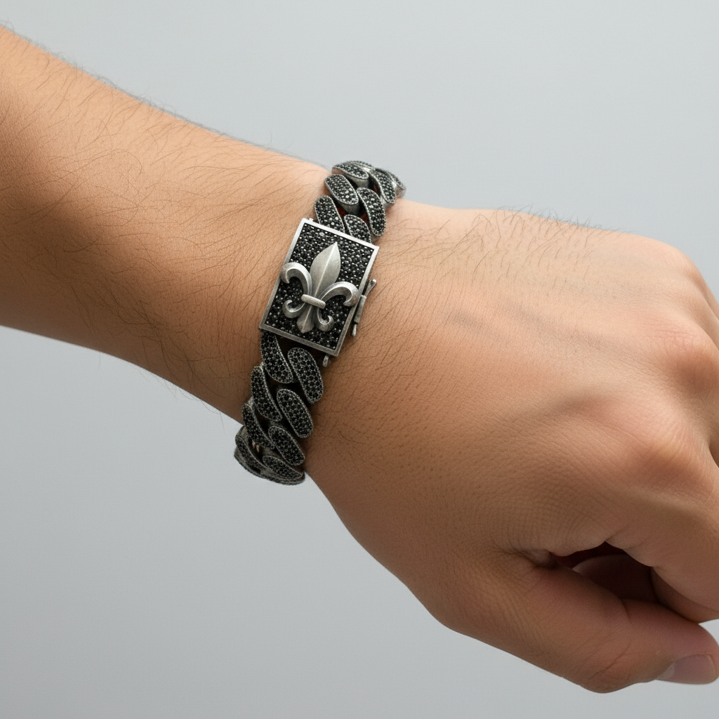 16mm Unique Fleur-De-Lis Black Iced Cuban Link Bracelet for Men Dark Oxidized 925 Silver Bracelet Men's Jewelry With Certificate of Authenticity