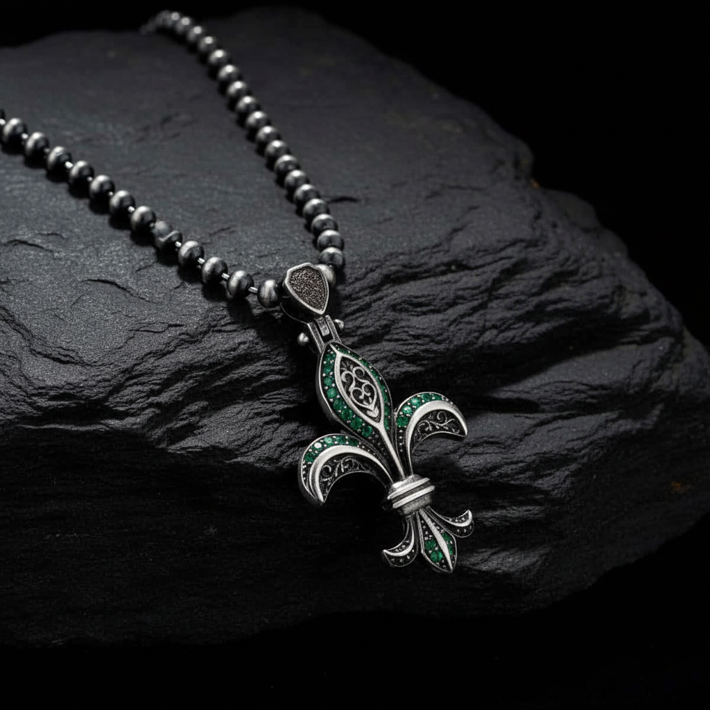 RARE PRINCE by CARAT SUTRA | Unique Designed Fleur-De-Lis Symbol Pendant Studded with Green & Black Zircons for Men | 925 Sterling Silver Oxidized Pendant | Men's Jewelry | With Certificate of Authenticity and 925 Hallmark - caratsutra