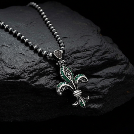 RARE PRINCE by CARAT SUTRA | Unique Designed Fleur-De-Lis Symbol Pendant Studded with Green & Black Zircons for Men | 925 Sterling Silver Oxidized Pendant | Men's Jewelry | With Certificate of Authenticity and 925 Hallmark - caratsutra