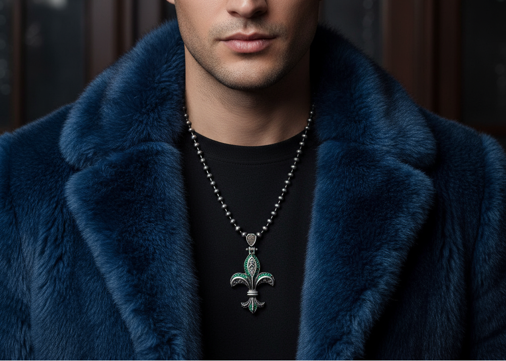 RARE PRINCE by CARAT SUTRA | Unique Designed Fleur-De-Lis Symbol Pendant Studded with Green & Black Zircons for Men | 925 Sterling Silver Oxidized Pendant | Men's Jewelry | With Certificate of Authenticity and 925 Hallmark - caratsutra