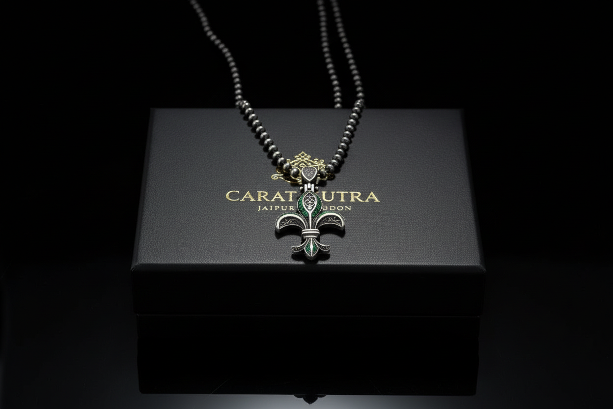RARE PRINCE by CARAT SUTRA | Unique Designed Fleur-De-Lis Symbol Pendant Studded with Green & Black Zircons for Men | 925 Sterling Silver Oxidized Pendant | Men's Jewelry | With Certificate of Authenticity and 925 Hallmark - caratsutra