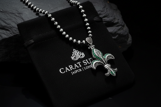 RARE PRINCE by CARAT SUTRA | Unique Designed Fleur-De-Lis Symbol Pendant Studded with Green & Black Zircons for Men | 925 Sterling Silver Oxidized Pendant | Men's Jewelry | With Certificate of Authenticity and 925 Hallmark - caratsutra
