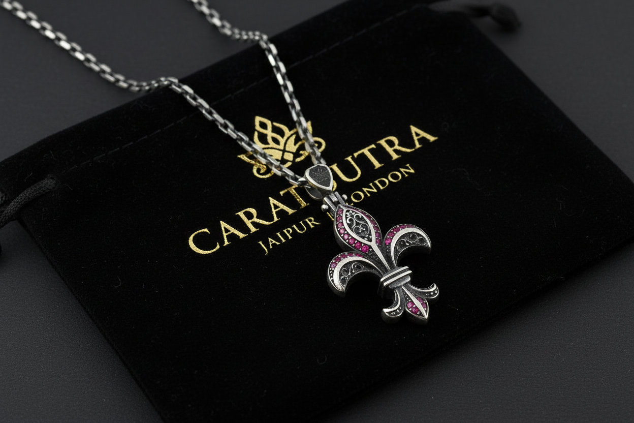 RARE PRINCE by CARAT SUTRA | Unique Designed Fleur-De-Lis Symbol Pendant Studded with Pink & Black Zircons for Men | 925 Sterling Silver Oxidized Pendant | Men's Jewelry | With Certificate of Authenticity and 925 Hallmark - caratsutra