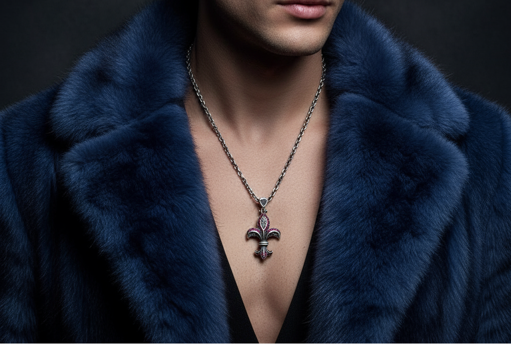 RARE PRINCE by CARAT SUTRA | Unique Designed Fleur-De-Lis Symbol Pendant Studded with Pink & Black Zircons for Men | 925 Sterling Silver Oxidized Pendant | Men's Jewelry | With Certificate of Authenticity and 925 Hallmark - caratsutra