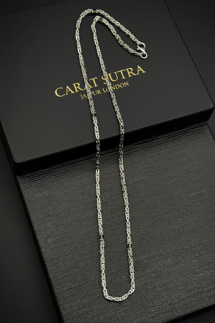 Solid 2.5mm Byzantine Link Chain, studded with Black Zircons | 925 Sterling Silver Chain | With Certificate of Authenticity and 925 Hallmark