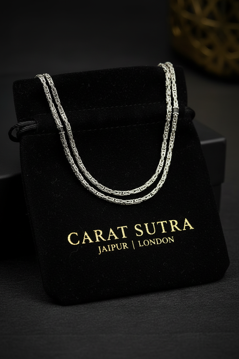 Solid 2.5mm Byzantine Link Chain, studded with Black Zircons | 925 Sterling Silver Chain | With Certificate of Authenticity and 925 Hallmark