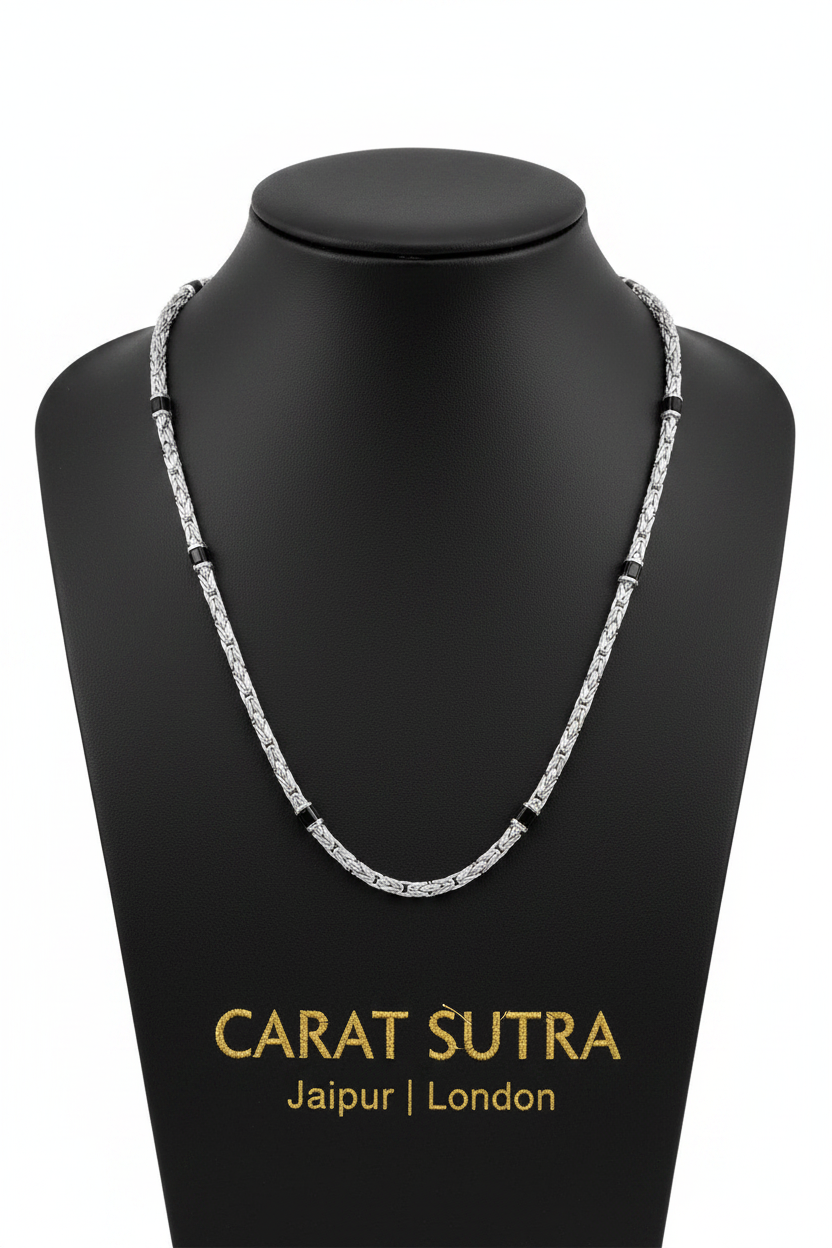 Solid 2.5mm Byzantine Link Chain, studded with Black Zircons | 925 Sterling Silver Chain | With Certificate of Authenticity and 925 Hallmark