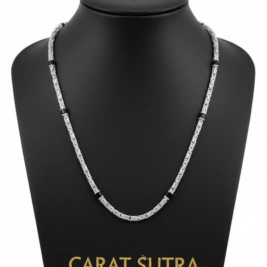 Solid 2.5mm Byzantine Link Chain, studded with Black Zircons | 925 Sterling Silver Chain | With Certificate of Authenticity and 925 Hallmark - caratsutra