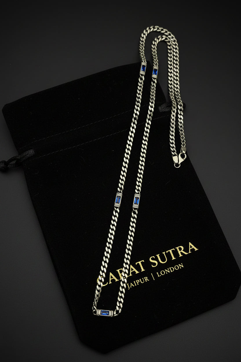 RARE PRINCE by CARAT SUTRA | Minimalist Solid 4mm Cuban Link Chain studded with Blue Zircon Stone  | 925 Sterling Silver Chain | Men's Jewelry | With Certificate of Authenticity and 925 Hallmark - caratsutra