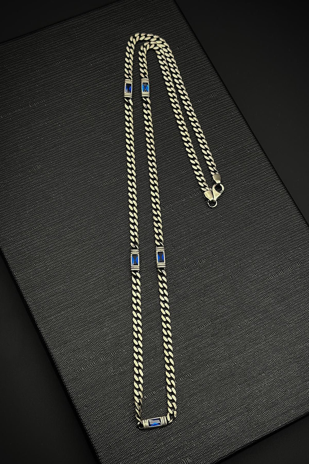 RARE PRINCE by CARAT SUTRA | Minimalist Solid 5mm Cuban Link Chain studded with Blue Zircon Stone  | 925 Sterling Silver Chain | Men's Jewelry | With Certificate of Authenticity and 925 Hallmark
