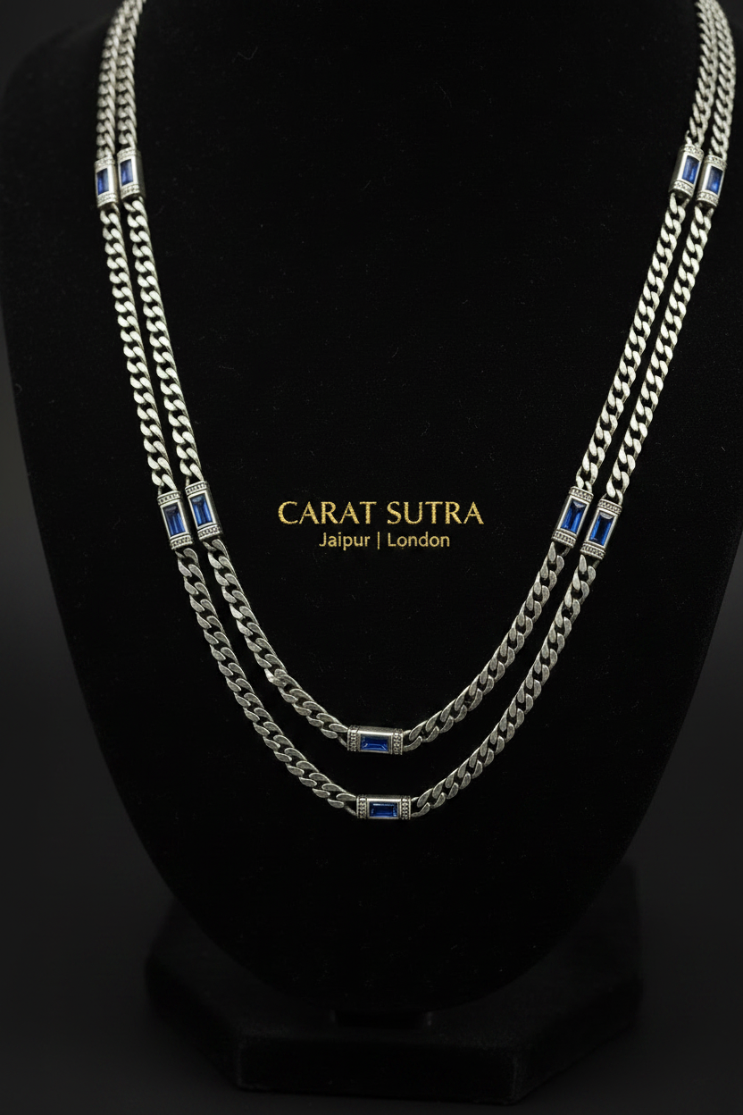 RARE PRINCE by CARAT SUTRA | Minimalist Solid 5mm Cuban Link Chain studded with Blue Zircon Stone  | 925 Sterling Silver Chain | Men's Jewelry | With Certificate of Authenticity and 925 Hallmark
