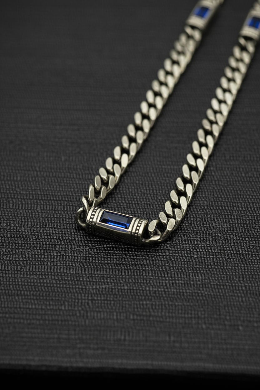 RARE PRINCE by CARAT SUTRA | Minimalist Solid 5mm Cuban Link Chain studded with Blue Zircon Stone  | 925 Sterling Silver Chain | Men's Jewelry | With Certificate of Authenticity and 925 Hallmark