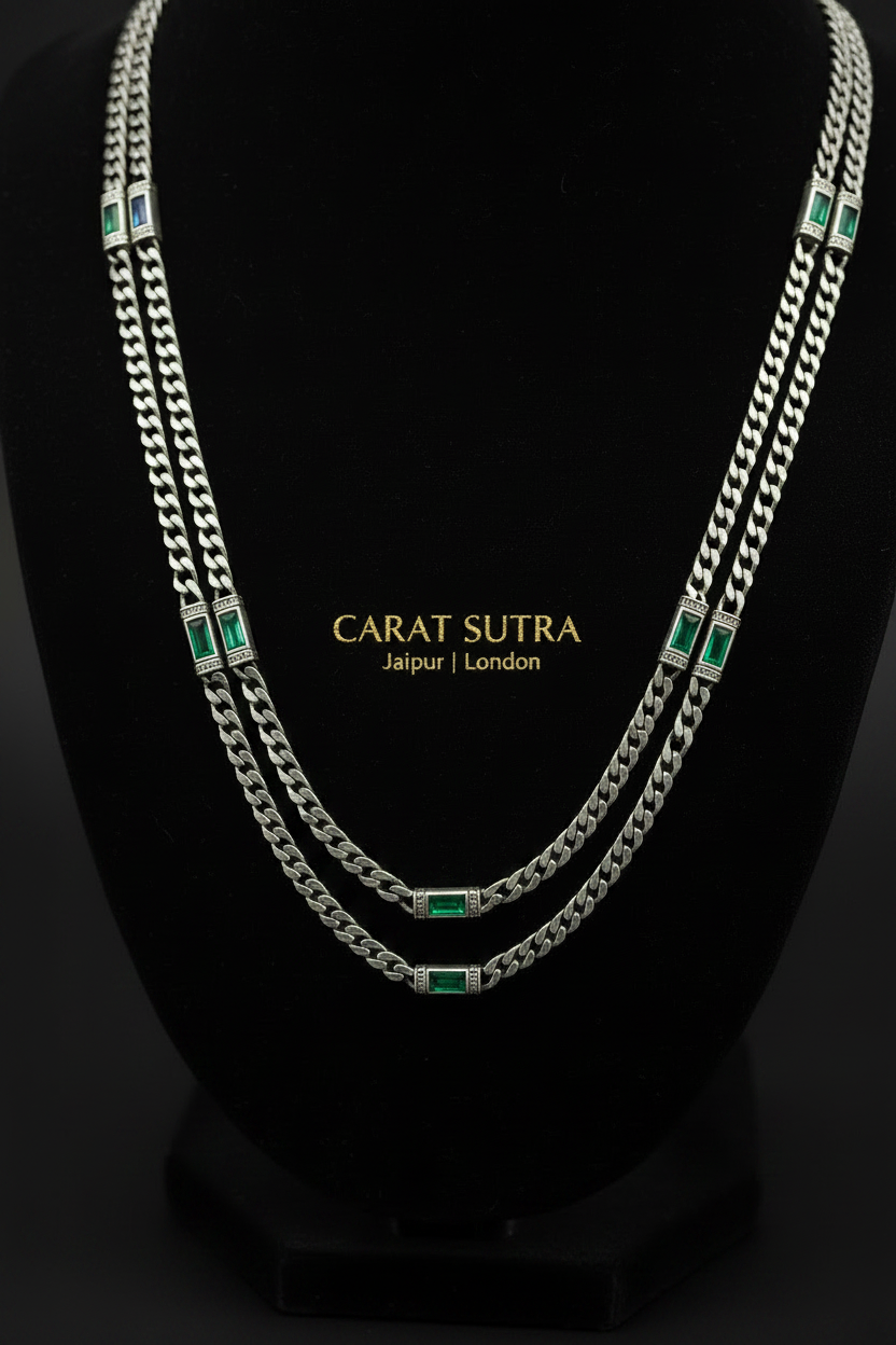 RARE PRINCE by CARAT SUTRA | Minimalist Solid 4mm Cuban Link Chain studded with Green Zircon Stone  | 925 Sterling Silver Chain | Men's Jewelry | With Certificate of Authenticity and 925 Hallmark