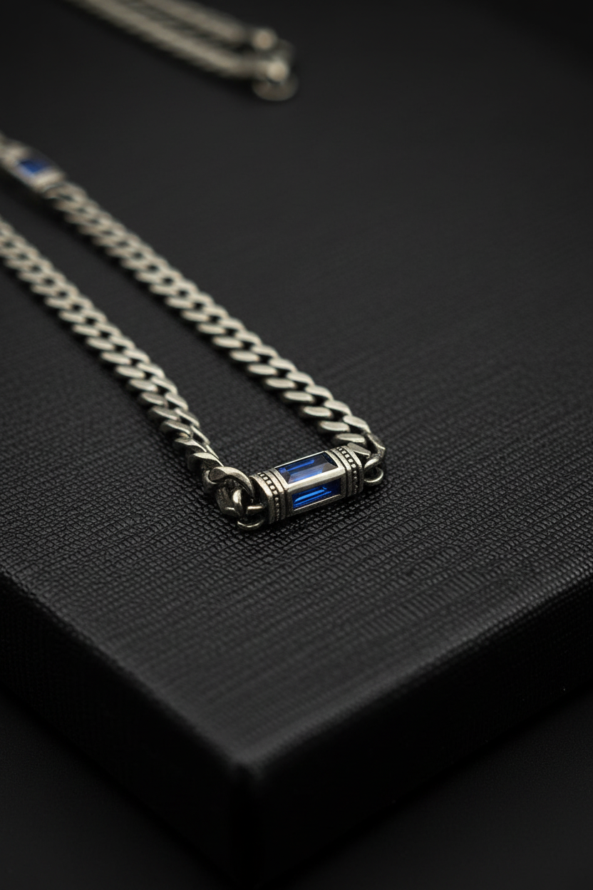 RARE PRINCE by CARAT SUTRA | Minimalist Solid 5mm Cuban Link Chain studded with Blue Zircon Stone  | 925 Sterling Silver Chain | Men's Jewelry | With Certificate of Authenticity and 925 Hallmark