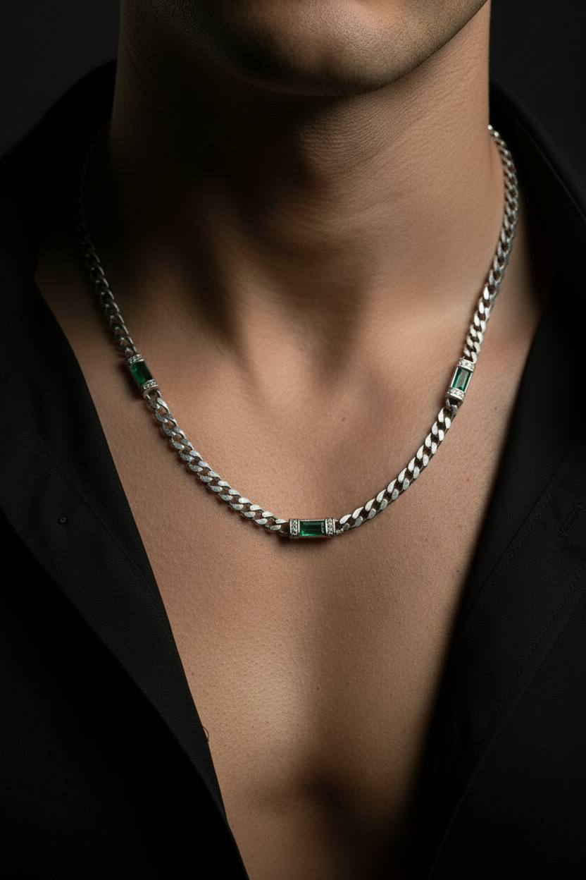 RARE PRINCE by CARAT SUTRA | Minimalist Solid 4mm Cuban Link Chain studded with Green Zircon Stone  | 925 Sterling Silver Chain | Men's Jewelry | With Certificate of Authenticity and 925 Hallmark
