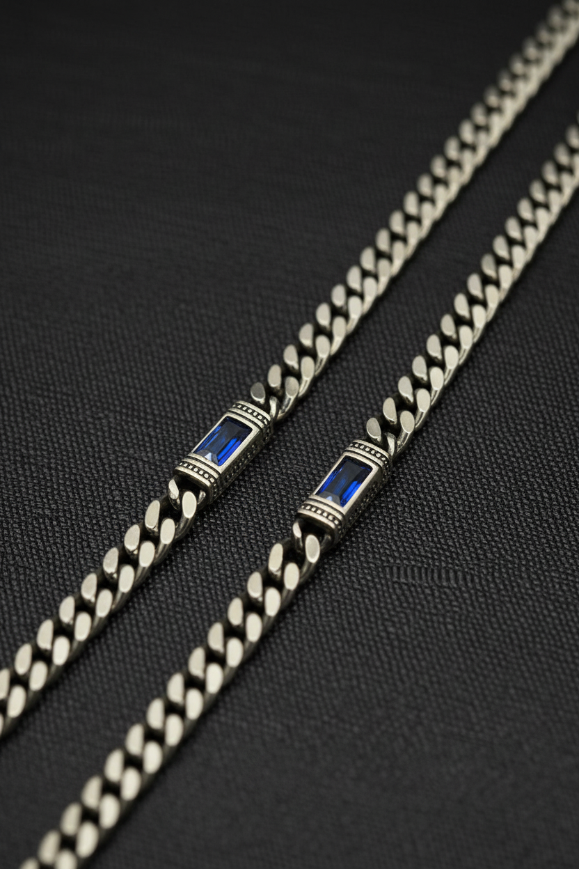 RARE PRINCE by CARAT SUTRA | Minimalist Solid 5mm Cuban Link Chain studded with Blue Zircon Stone  | 925 Sterling Silver Chain | Men's Jewelry | With Certificate of Authenticity and 925 Hallmark