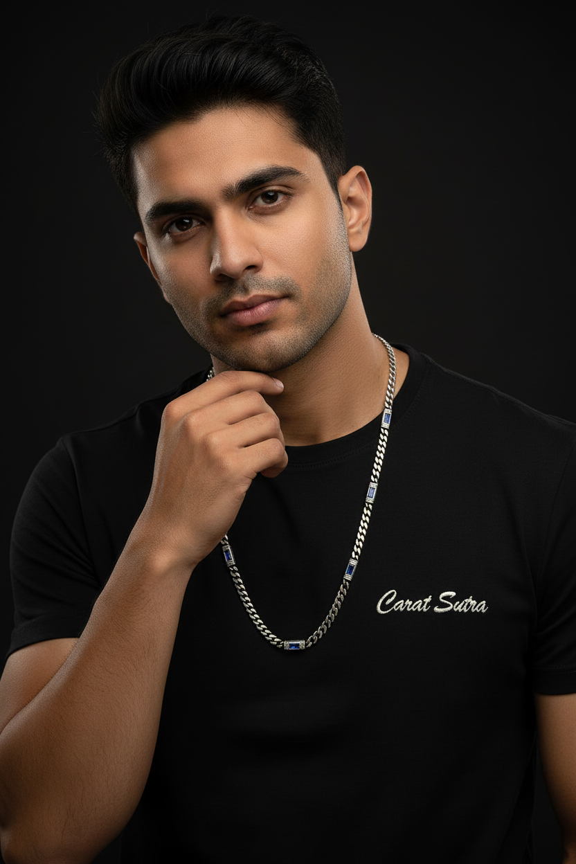 RARE PRINCE by CARAT SUTRA | Minimalist Solid 5mm Cuban Link Chain studded with Blue Zircon Stone  | 925 Sterling Silver Chain | Men's Jewelry | With Certificate of Authenticity and 925 Hallmark