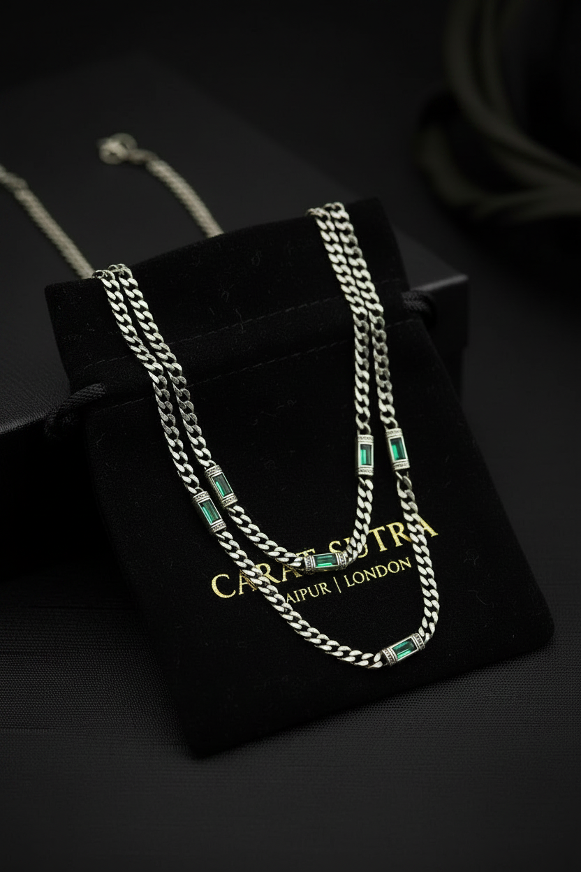RARE PRINCE by CARAT SUTRA | Minimalist Solid 4mm Cuban Link Chain studded with Green Zircon Stone  | 925 Sterling Silver Chain | Men's Jewelry | With Certificate of Authenticity and 925 Hallmark