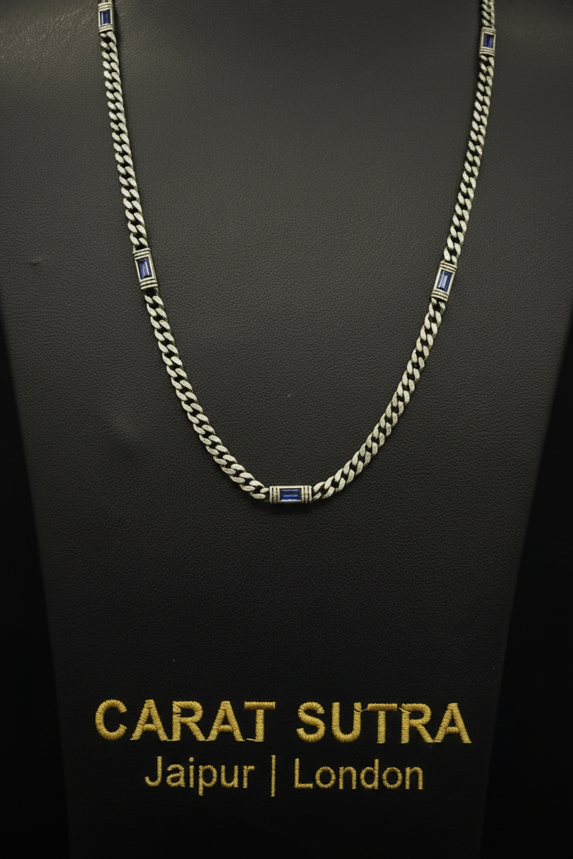RARE PRINCE by CARAT SUTRA | Minimalist Solid 4mm Cuban Link Chain studded with Blue Zircon Stone  | 925 Sterling Silver Chain | Men's Jewelry | With Certificate of Authenticity and 925 Hallmark - caratsutra