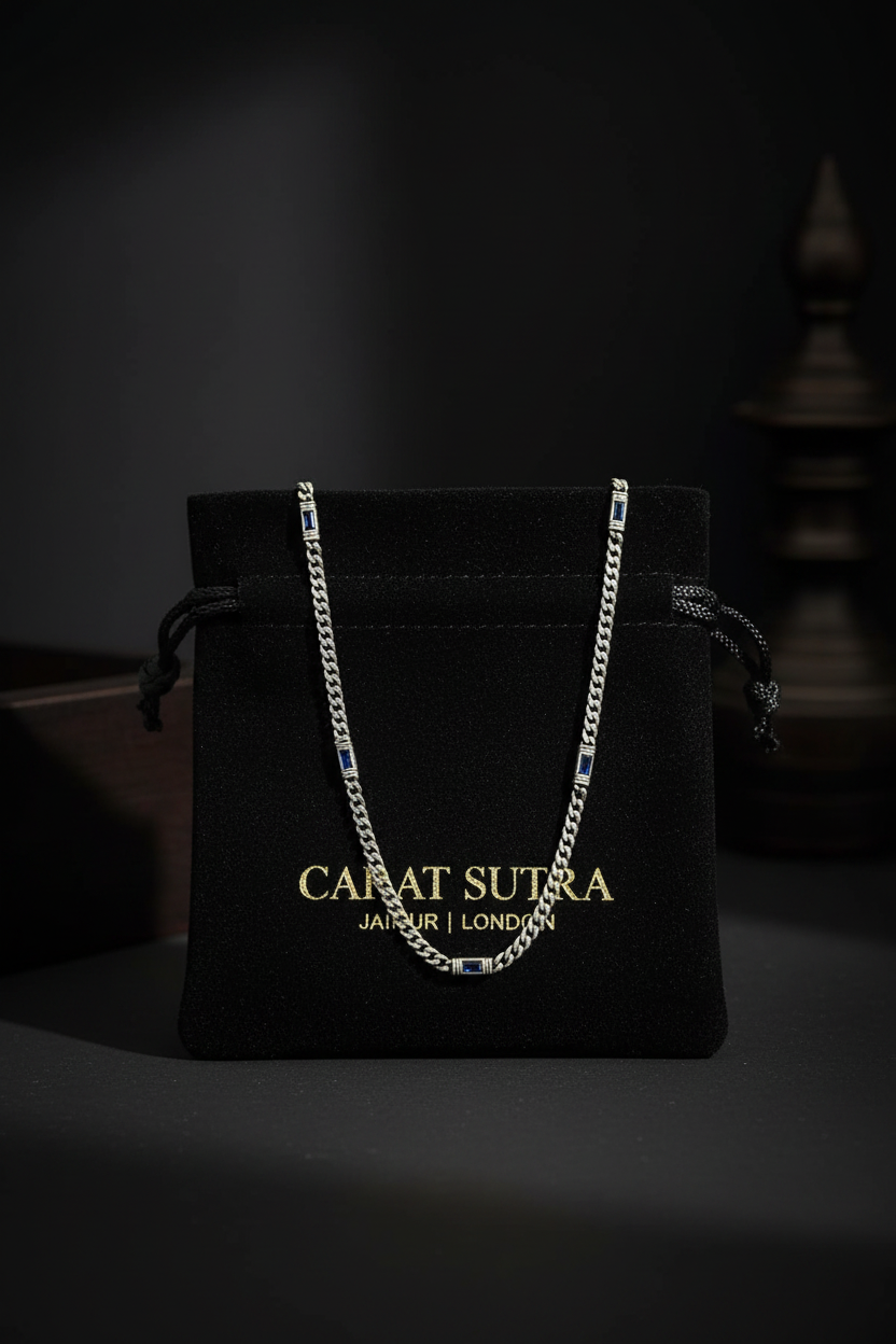 RARE PRINCE by CARAT SUTRA | Minimalist Solid 5mm Cuban Link Chain studded with Blue Zircon Stone  | 925 Sterling Silver Chain | Men's Jewelry | With Certificate of Authenticity and 925 Hallmark