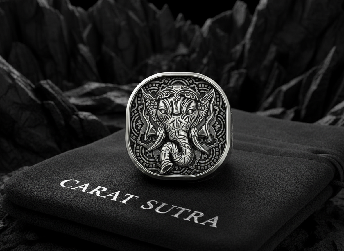 RARE PRINCE by CARAT SUTRA | Unique Designed Ganesha Ring with Om Symbol | 925 Sterling Silver Oxidized Ring | Men's Jewelry | With Certificate of Authenticity and 925 Hallmark - caratsutra