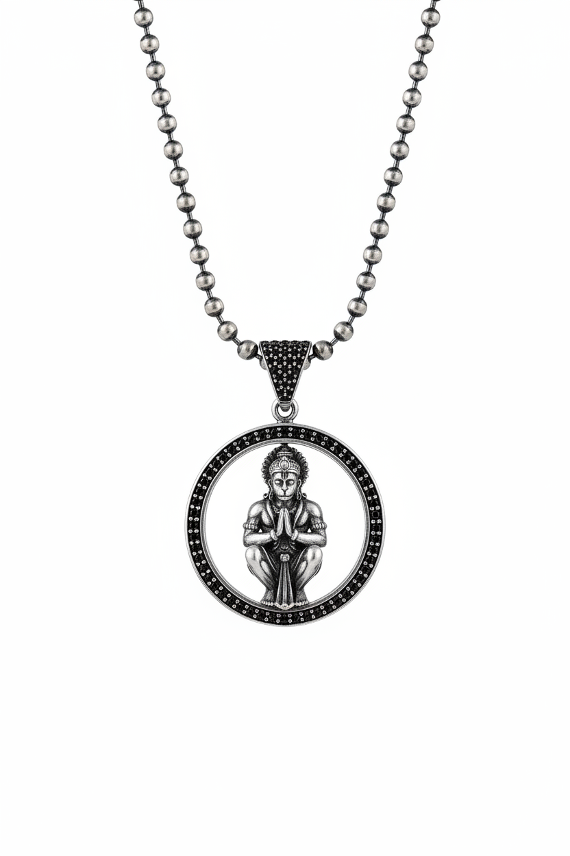 1 inch Unique Hanuman Ji Pendant Studded with Black Zircons | Unisex 925 Sterling Silver Oxidized Pendant | Men's Jewelry | With Certificate of Authenticity and 925 Hallmark - caratsutra