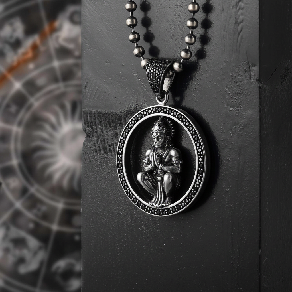 1 inch Unique Hanuman Ji Pendant Studded with Black Zircons | Unisex 925 Sterling Silver Oxidized Pendant | Men's Jewelry | With Certificate of Authenticity and 925 Hallmark - caratsutra