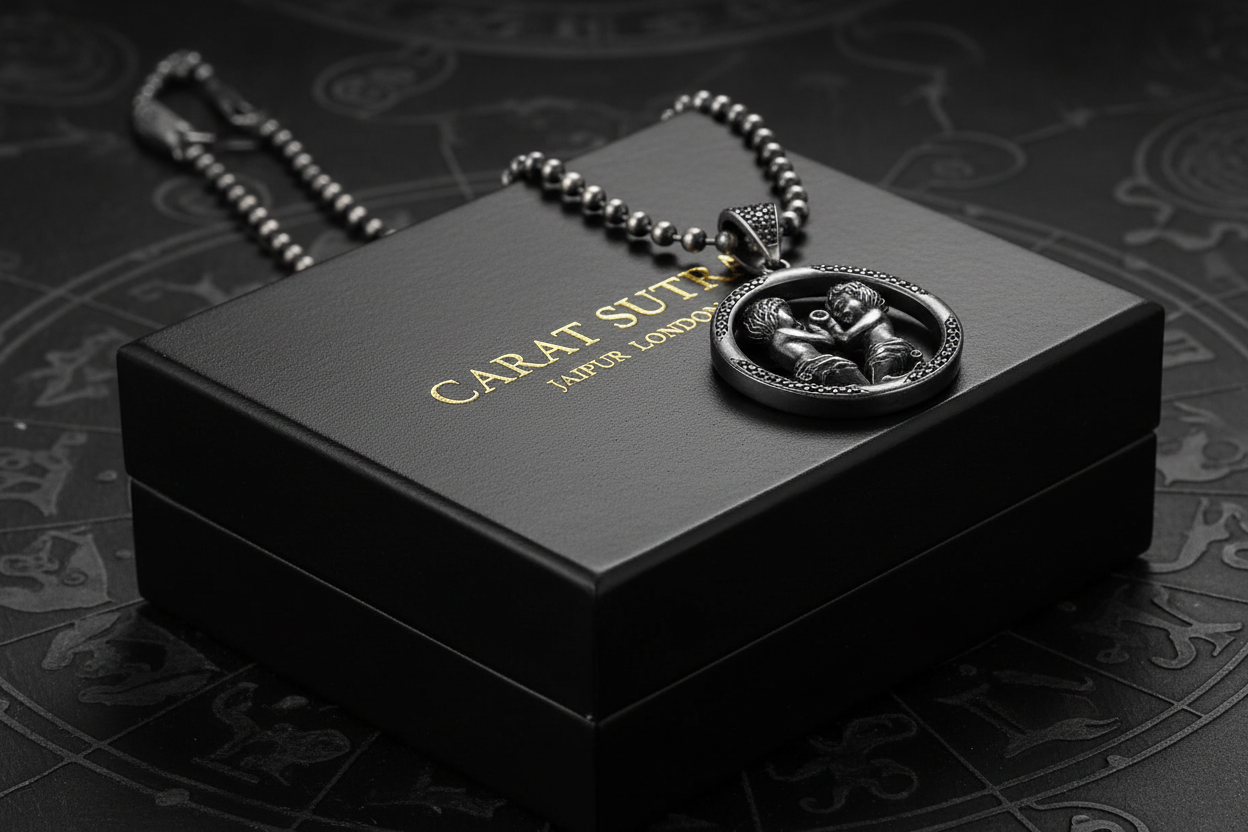 RARE PRINCE by CARAT SUTRA | Unique Gemini Zodiac Designed Pendant Studded with Black Zircons | Unisex 925 Sterling Silver Oxidized Pendant | Men's Jewelry | With Certificate of Authenticity and 925 Hallmark - caratsutra