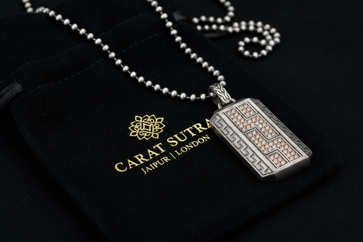 RARE PRINCE by CARAT SUTRA | Unique Greek Gucci Pattern Pendant Adorned with Cubic Zircons for Men | 925 Sterling Silver Oxidized Pendant | Men's Jewelry | With Certificate of Authenticity and 925 Hallmark - caratsutra