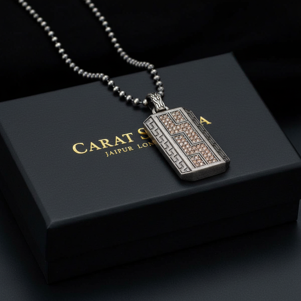 RARE PRINCE by CARAT SUTRA | Unique Greek Gucci Pattern Pendant Adorned with Cubic Zircons for Men | 925 Sterling Silver Oxidized Pendant | Men's Jewelry | With Certificate of Authenticity and 925 Hallmark - caratsutra