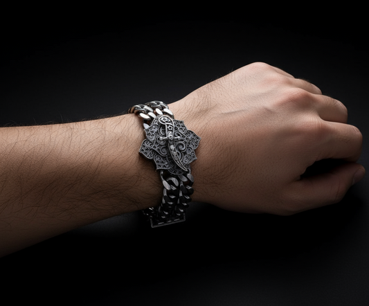 RARE PRINCE by CARAT SUTRA | Double Sided 20mm Wide Solid Oxidised Cuban Link Bracelet with Artistic Sword | Antique Finish 925 Sterling Silver Bracelet | Men's Jewelry | With Certificate of Authenticity and 925 Hallmark