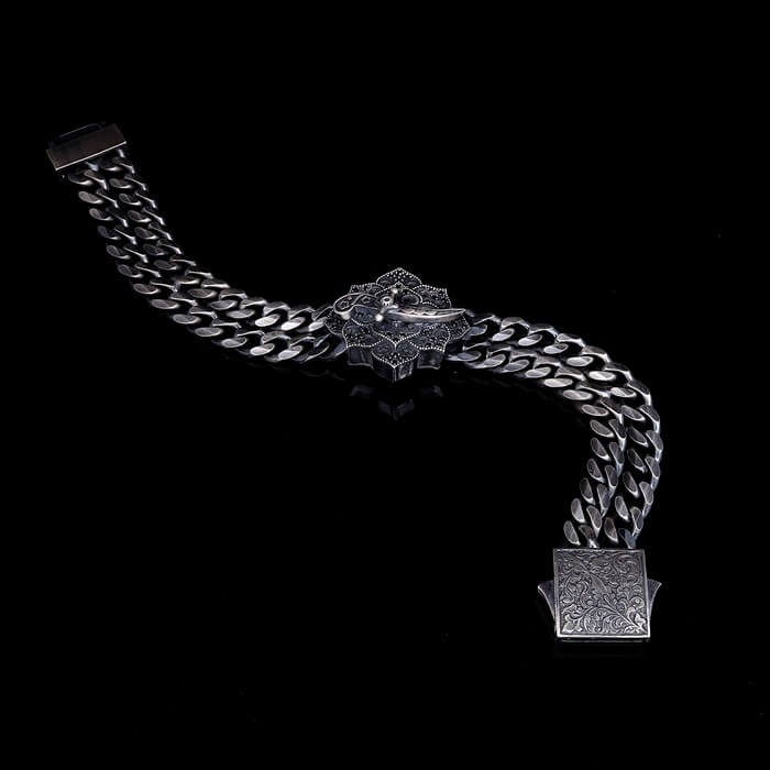RARE PRINCE by CARAT SUTRA | Double Sided 10mm Wide Solid Oxidised Cuban Link Bracelet with Artistic Sword | Antique Finish 925 Sterling Silver Bracelet | Men's Jewelry | With Certificate of Authenticity and 925 Hallmark