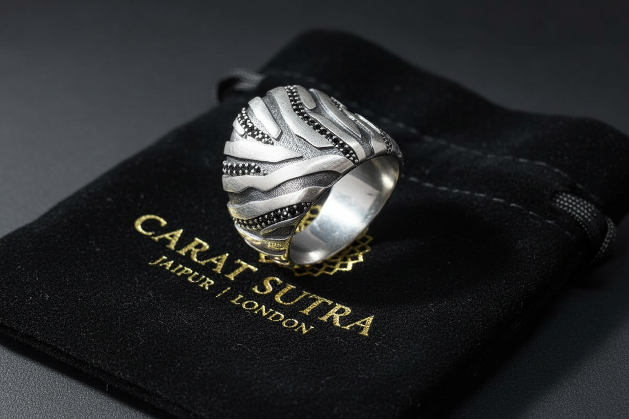 RARE PRINCE by CARAT SUTRA | Unique Handmade Turkish Style Ring with Black Zircons | 925 Sterling Silver Oxidized Ring | Men's Jewelry | With Certificate of Authenticity and 925 Hallmark - caratsutra