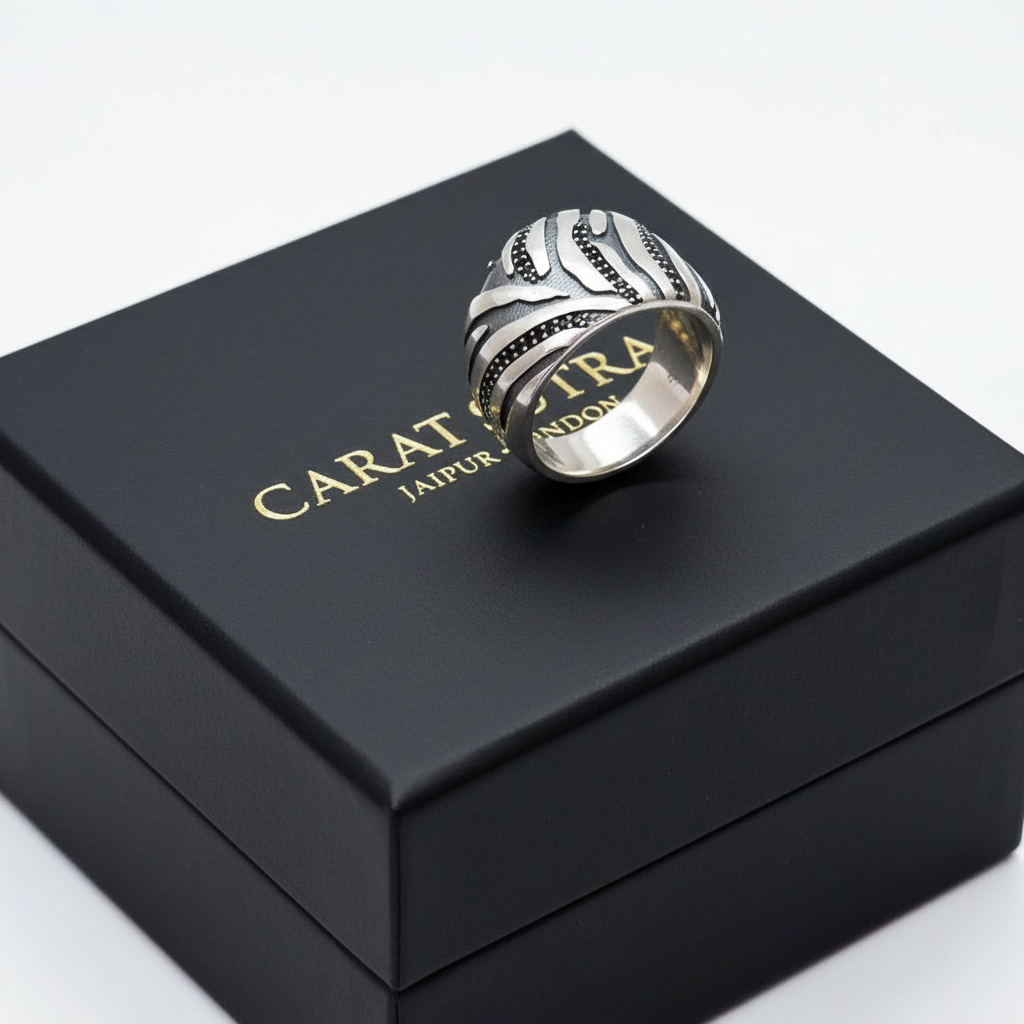 RARE PRINCE by CARAT SUTRA | Unique Handmade Turkish Style Ring with Black Zircons | 925 Sterling Silver Oxidized Ring | Men's Jewelry | With Certificate of Authenticity and 925 Hallmark - caratsutra