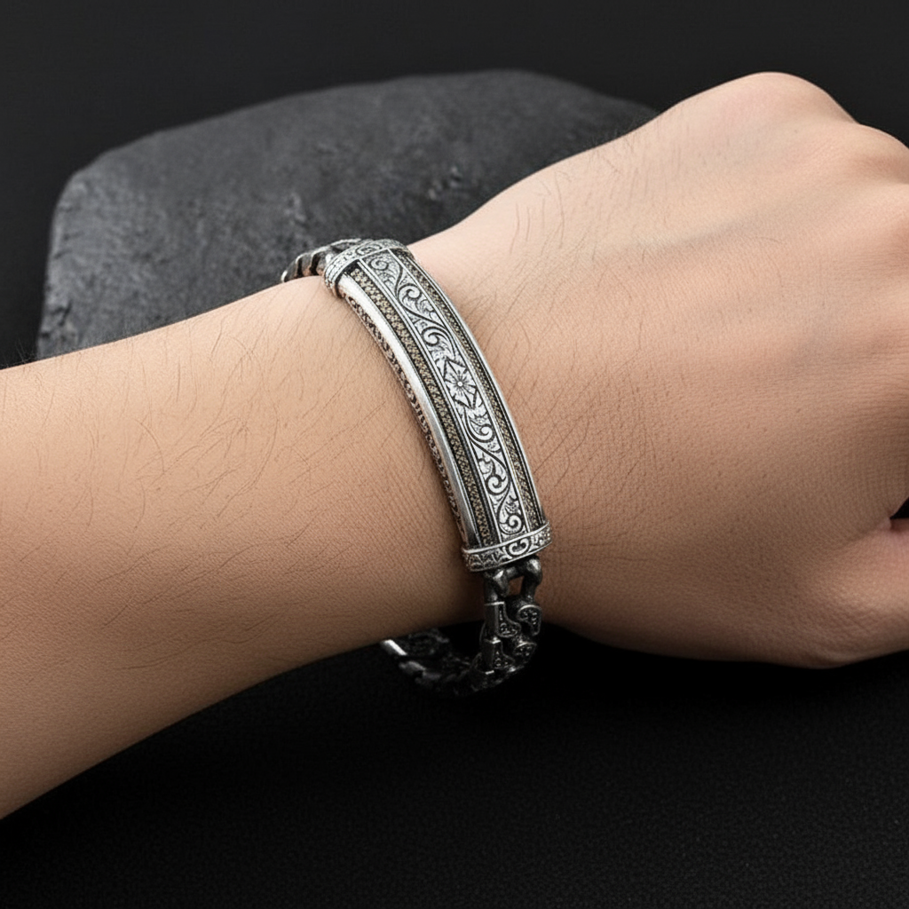 RARE PRINCE by CARAT SUTRA | Unique Design Engraved Bracelet for Men | 925 Oxidized Silver Bracelet | Men's Jewelry | With Certificate of Authenticity and 925 Hallmark - caratsutra