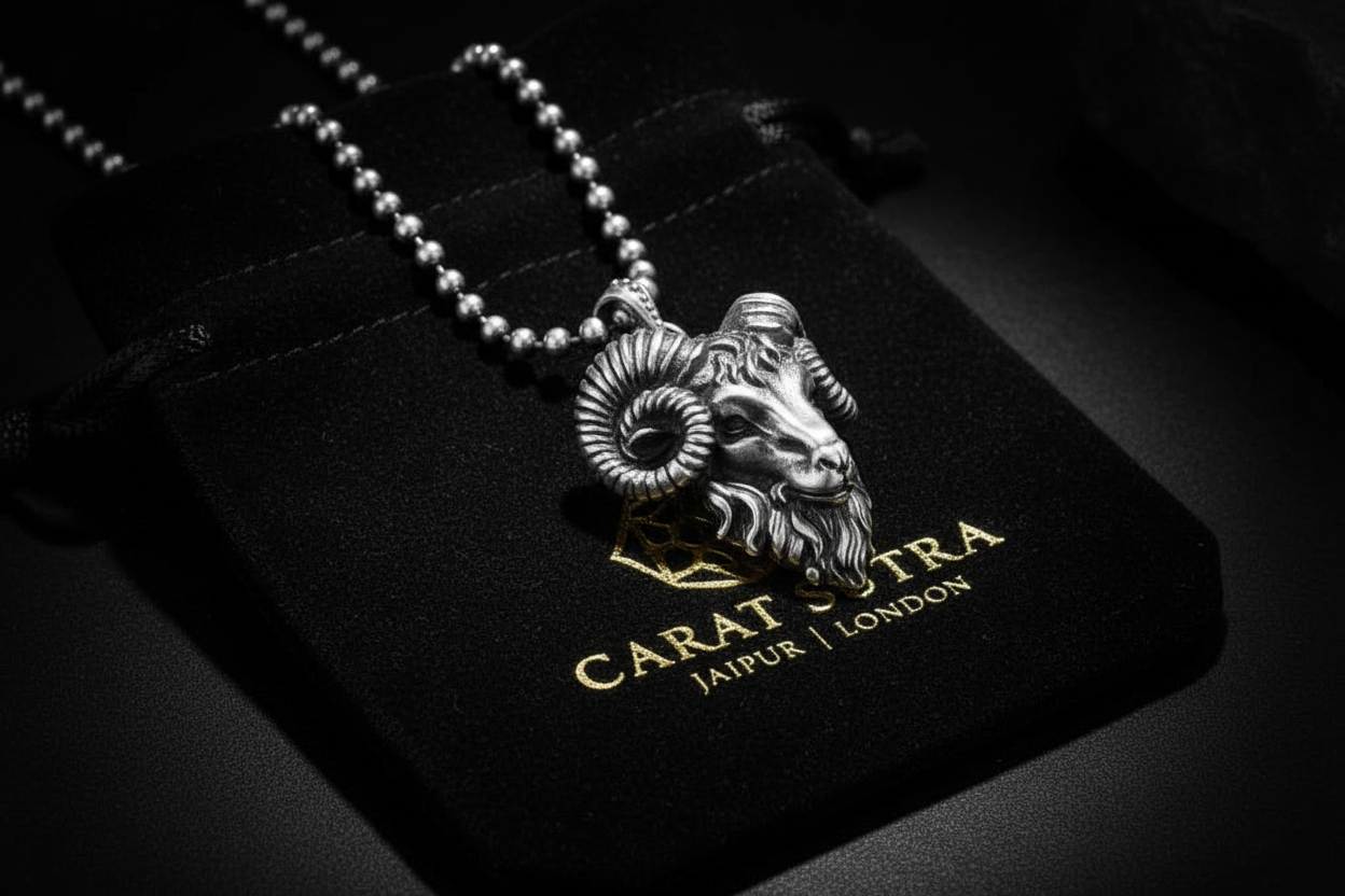 RARE PRINCE by CARAT SUTRA | Unique Designed Horned Ram Pendant for Aries Zodiac for Men | 925 Sterling Silver Oxidized Pendant | Men's Jewelry | With Certificate of Authenticity and 925 Hallmark - caratsutra
